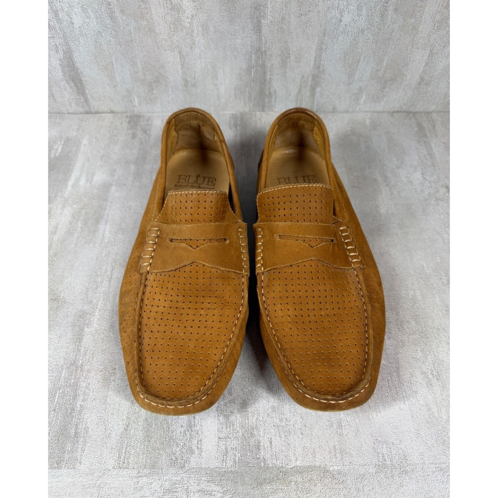 Blue Saks Fifth Avenue Mens Perforated Suede Penny Loafers Tan 13008 Size 9M